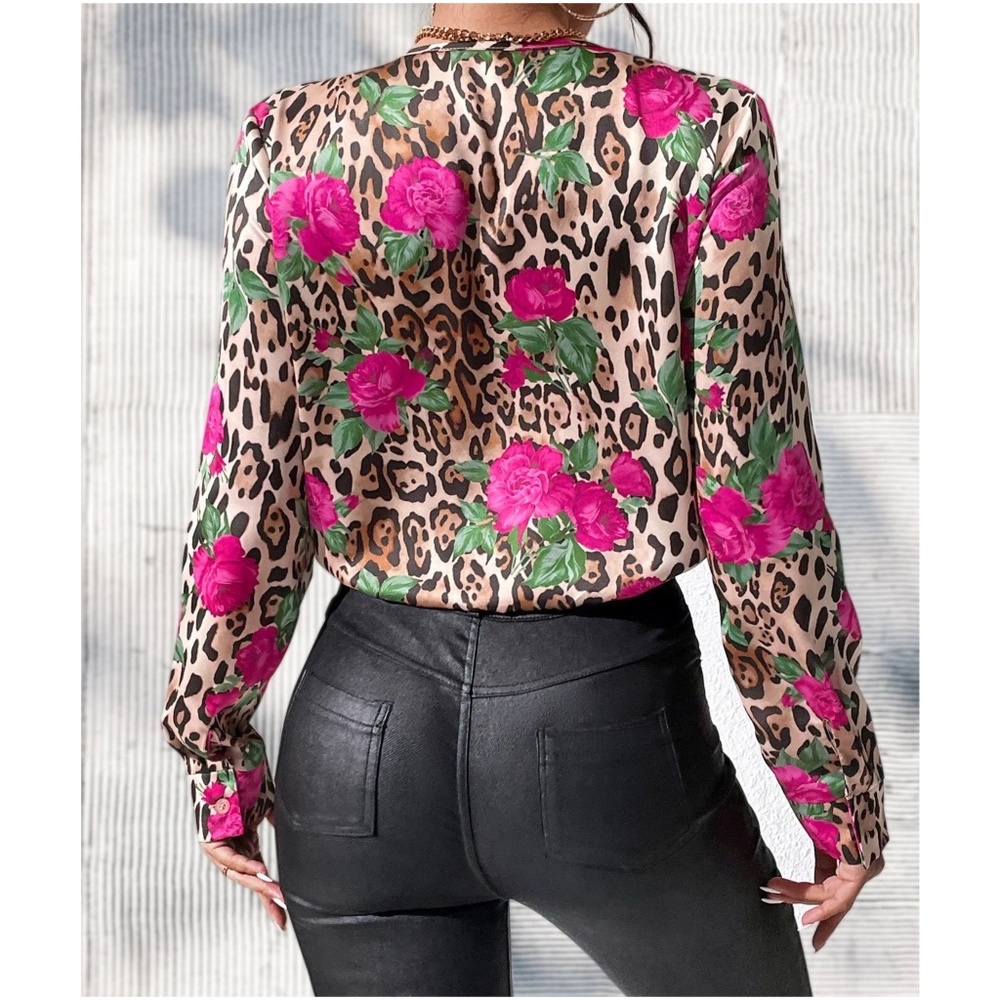 Luxe Floral Leopard Print Satin Bodysuit - Picture 2 of 3